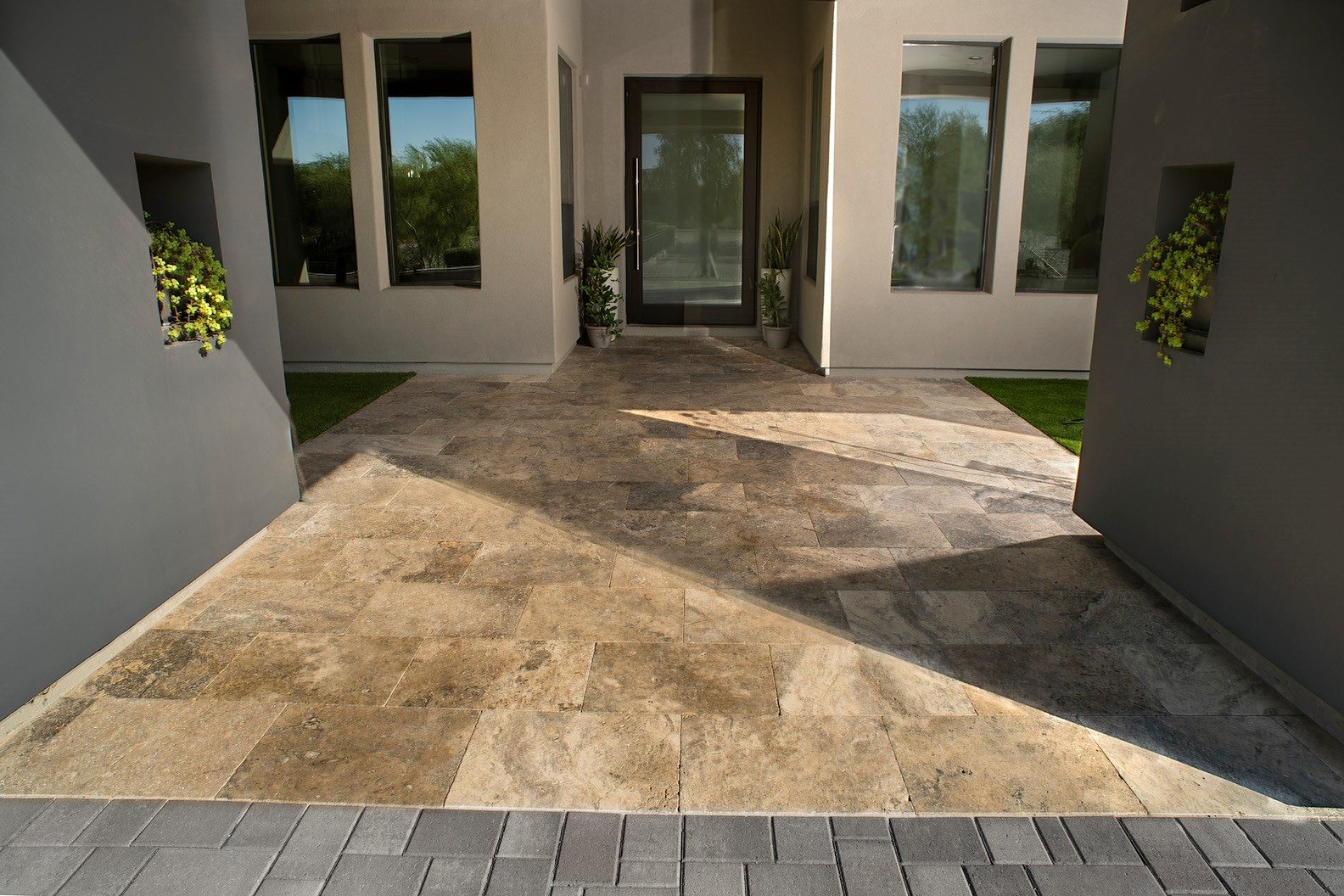 Contemporary Motor Court and Travertine Entry in Phoenix Valley, AZ, Stone Creations paver project photo 3