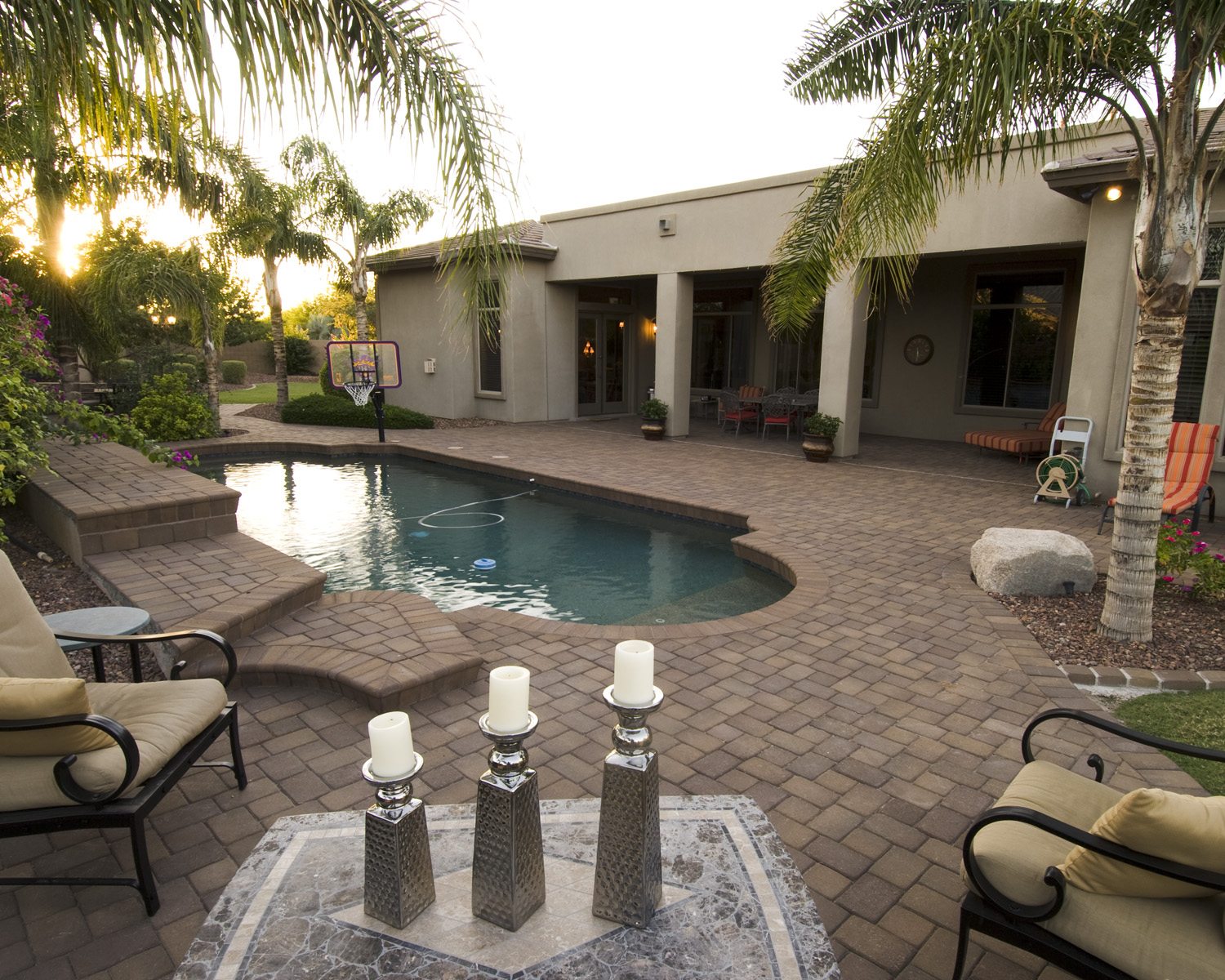 Pool Patio with Curved Steps and Medallion