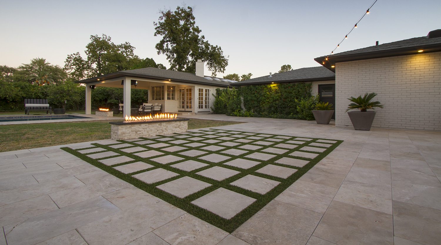 Travertine Patio with Turf Grid in Phoenix, AZ, Stone Creations paver project photo 2